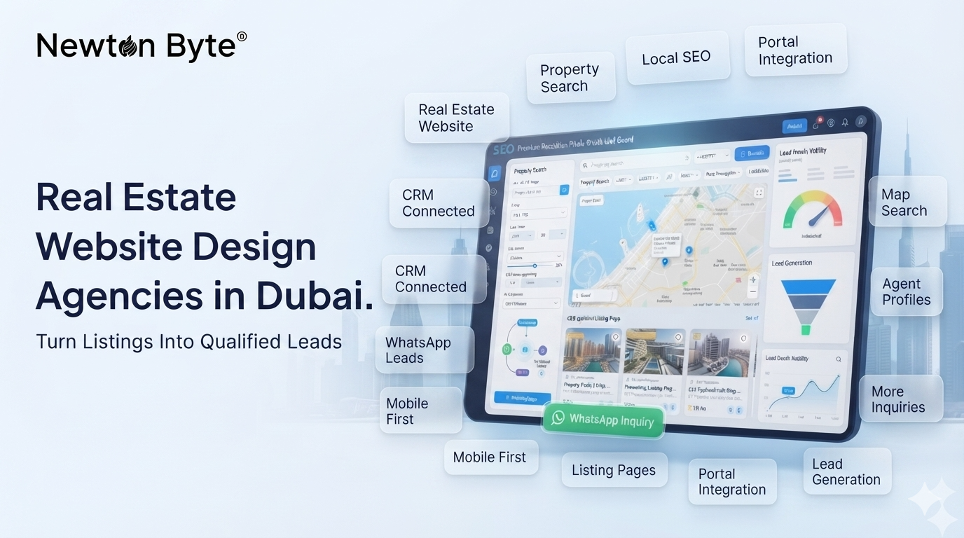 Real estate website design in Dubai showing property search local SEO portal integration CRM connected leads and mobile-first browsing