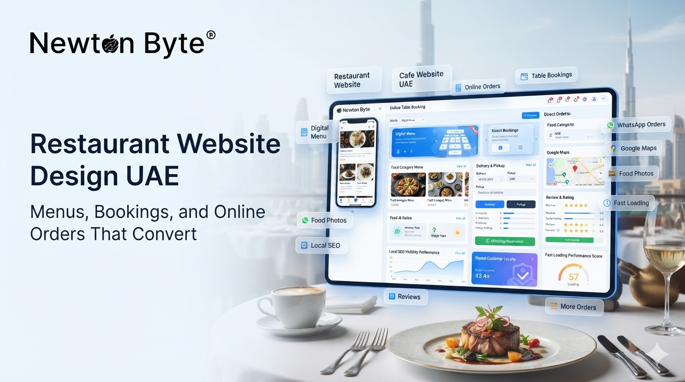 Restaurant website design in UAE showing mobile digital menu table bookings online orders WhatsApp inquiries local SEO reviews and fast loading