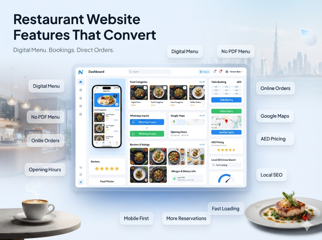 Restaurant website features showing digital menu table booking online orders WhatsApp inquiries Google Maps reviews local SEO and mobile-first performance