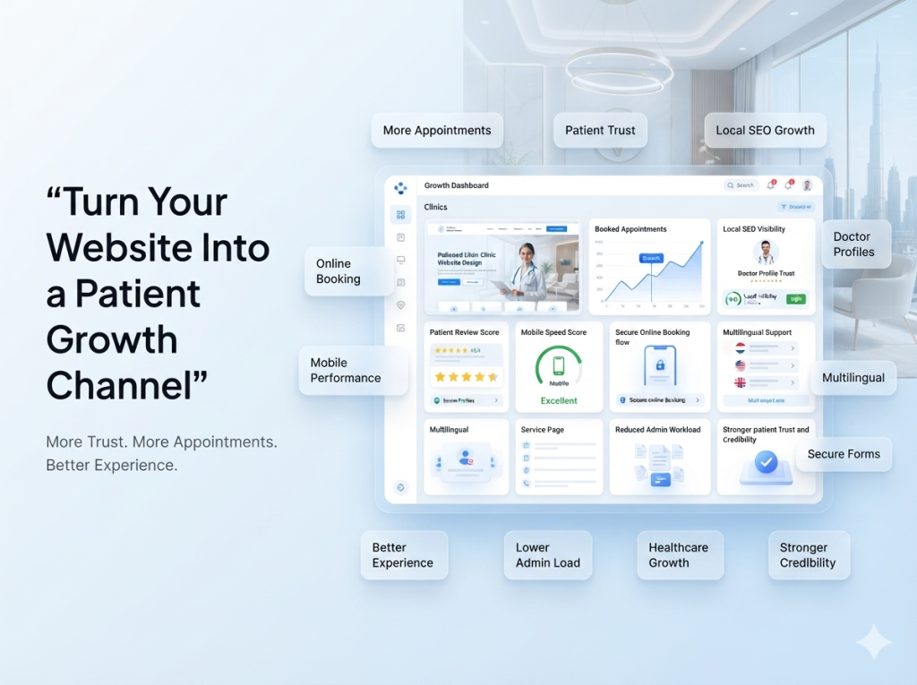 Clinic website features showing doctor profiles appointment booking service pages insurance information patient reviews multilingual support and mobile-first healthcare website usability