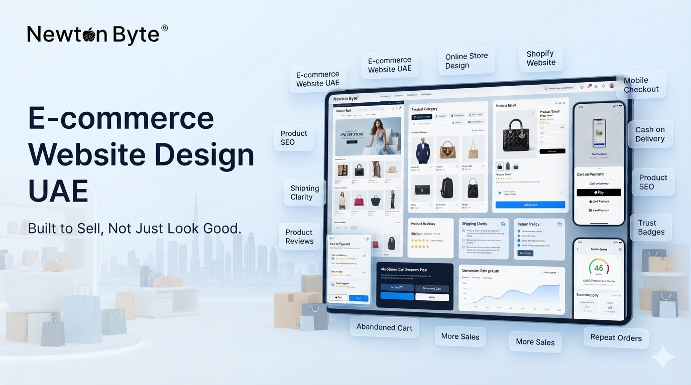 E-commerce website design in UAE showing online store dashboard mobile checkout cash on delivery product SEO trust badges reviews and sales growth