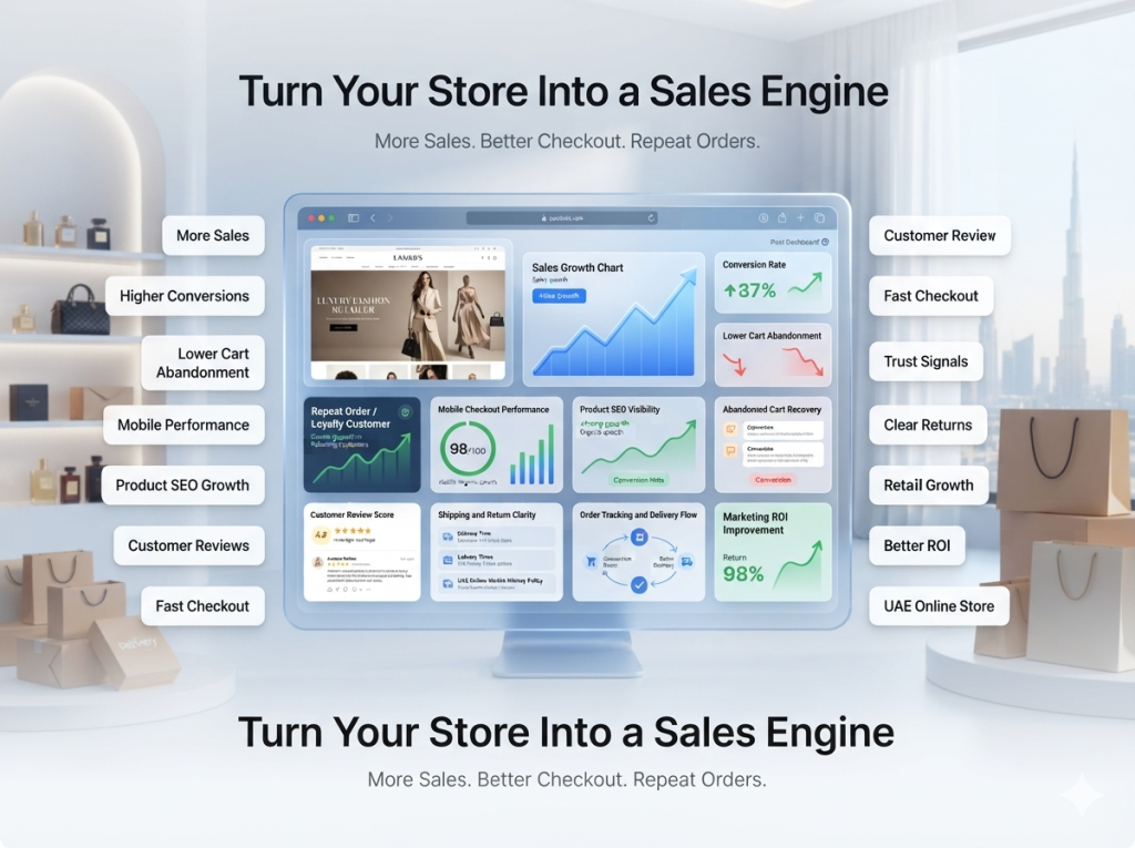 Successful e-commerce website in UAE showing more online sales higher conversions repeat orders lower cart abandonment product SEO growth and mobile checkout performance