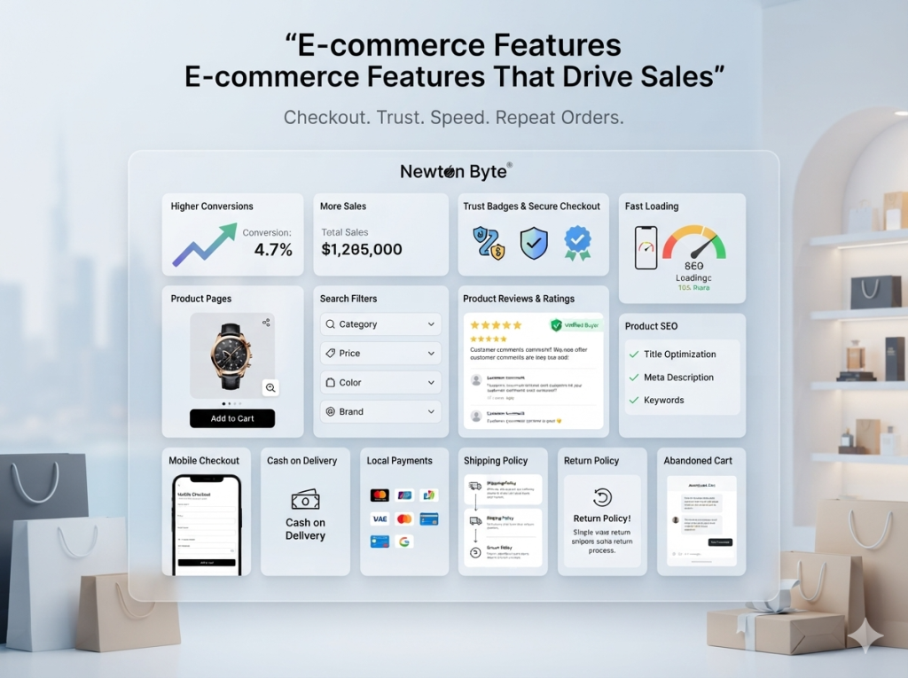 E-commerce website features showing mobile checkout product pages search filters cash on delivery local payments reviews trust badges shipping policy and fast loading