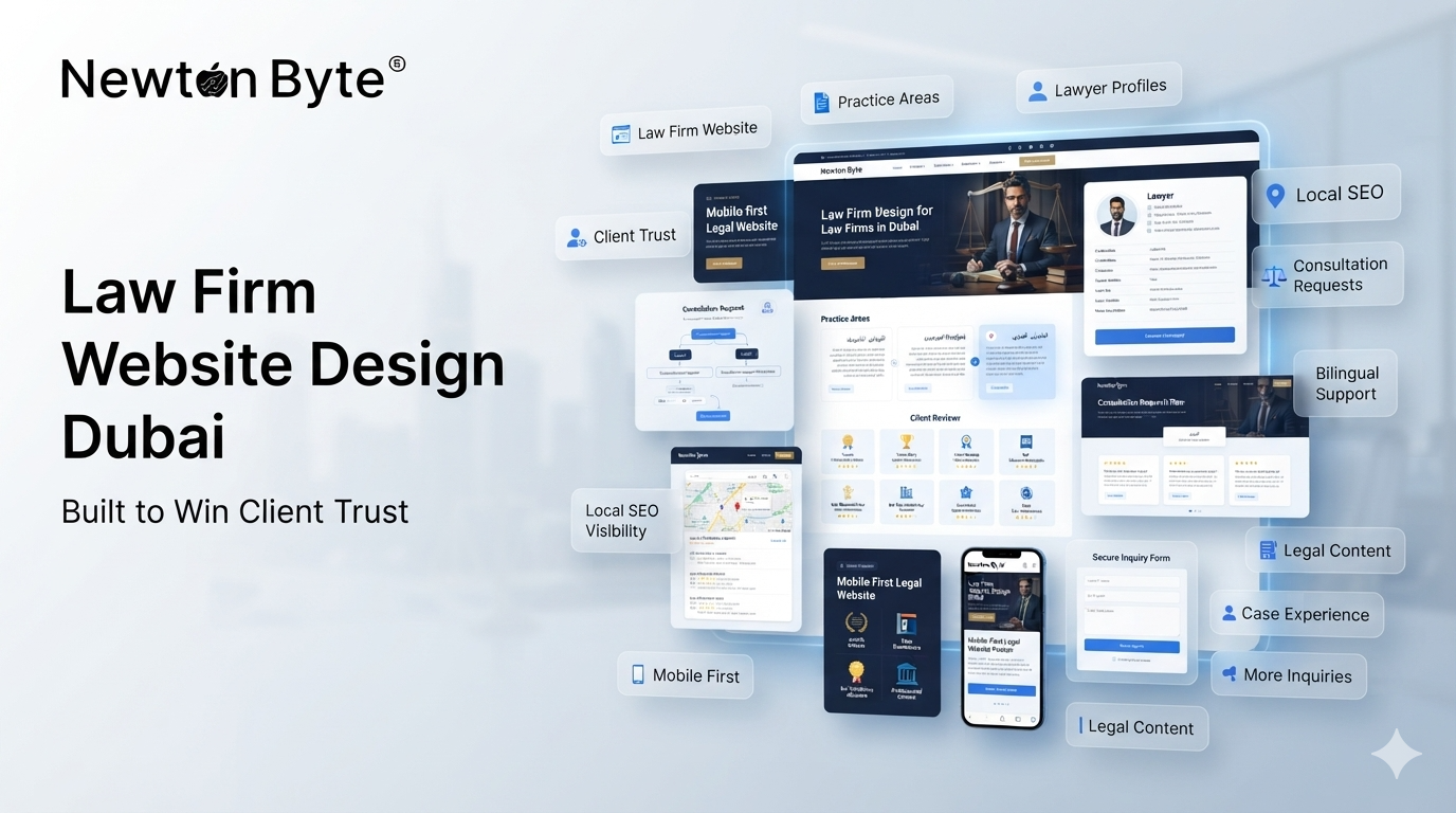Law firm website design in Dubai showing practice area pages lawyer profiles consultation requests local SEO bilingual support and client trust