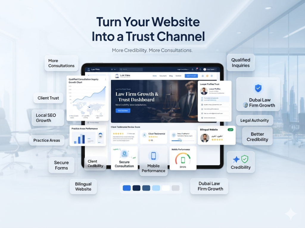 Successful law firm website in Dubai showing more consultation requests stronger client trust local SEO growth lawyer profiles and secure inquiry forms