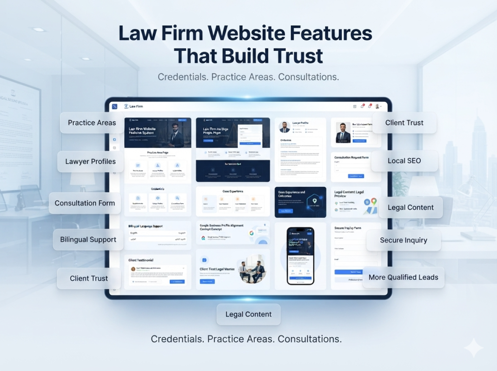 Law firm website features showing practice area pages lawyer profiles credentials consultation forms bilingual support local SEO and secure inquiry flow