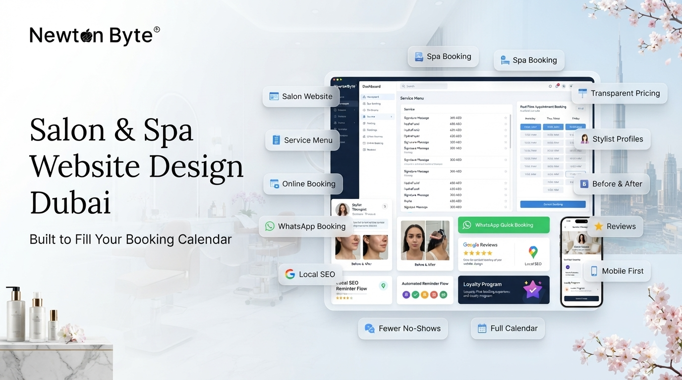 Salon and spa website design in Dubai showing online booking service menu pricing WhatsApp booking stylist profiles before and after gallery and full booking calendar