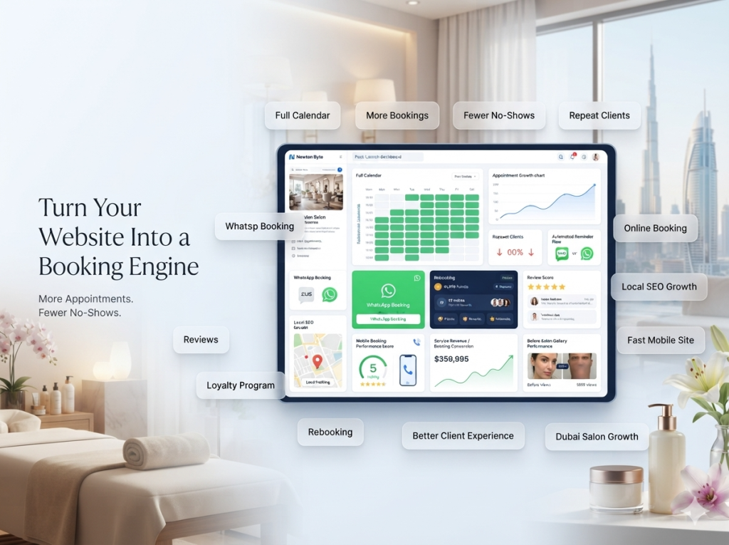 Successful salon and spa website in Dubai showing full booking calendar more appointments fewer no-shows repeat clients WhatsApp booking and local SEO growth