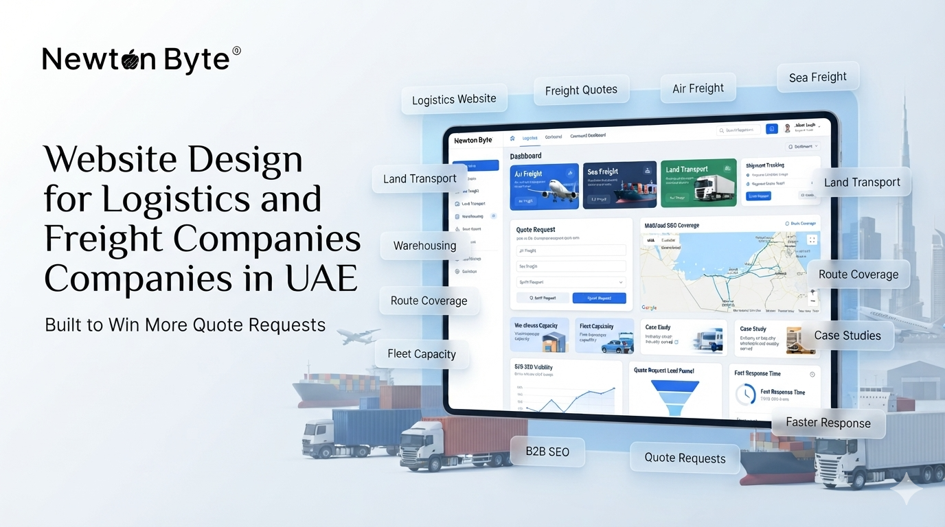 Logistics website design in UAE showing freight quote form shipment tracking route coverage fleet capacity warehousing B2B SEO and qualified inquiries