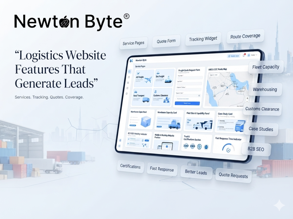 Logistics website features showing service pages quote request form shipment tracking route coverage fleet capacity warehousing case studies and B2B SEO
