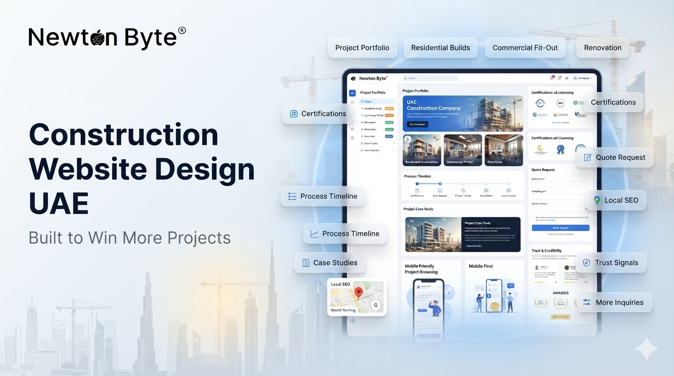 Construction company website design in UAE showing project portfolio certifications quote request process timeline local SEO and contractor credibility