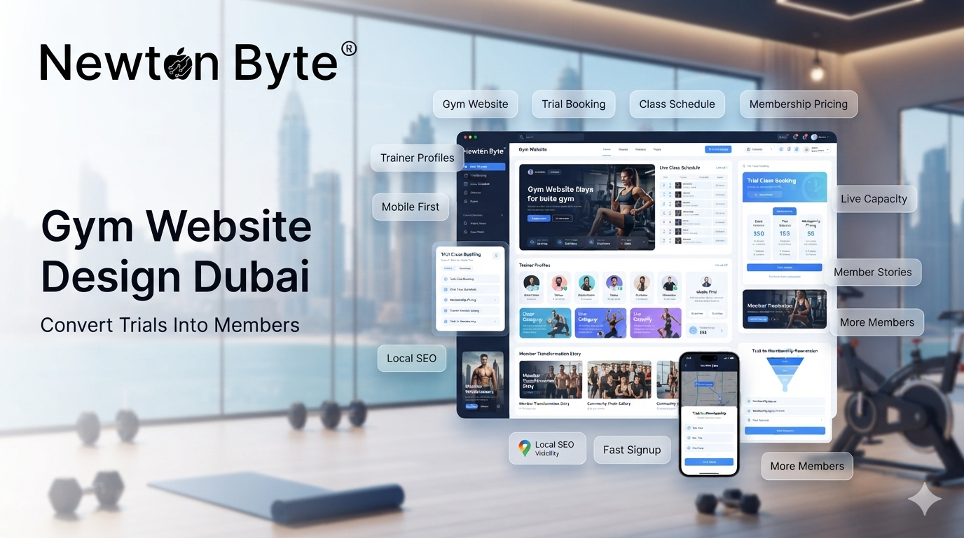 Gym website design in Dubai showing trial booking class schedule membership pricing trainer profiles mobile signup and local SEO