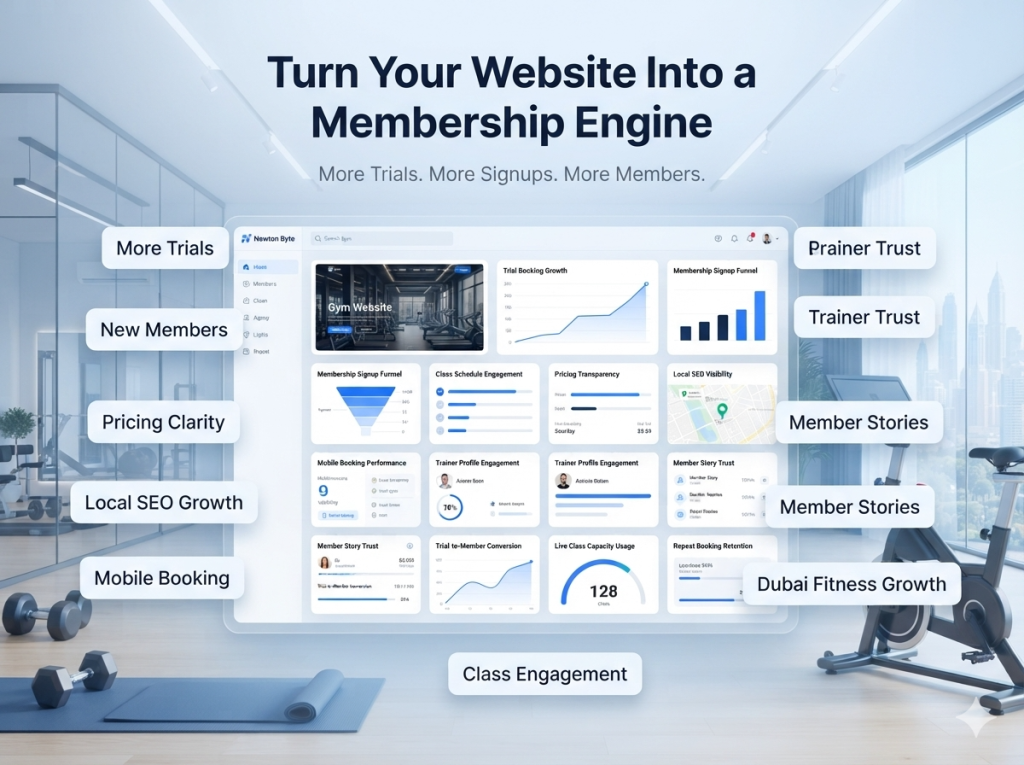 Successful gym website in Dubai showing more trial bookings membership signups mobile booking pricing clarity local SEO growth and better conversions