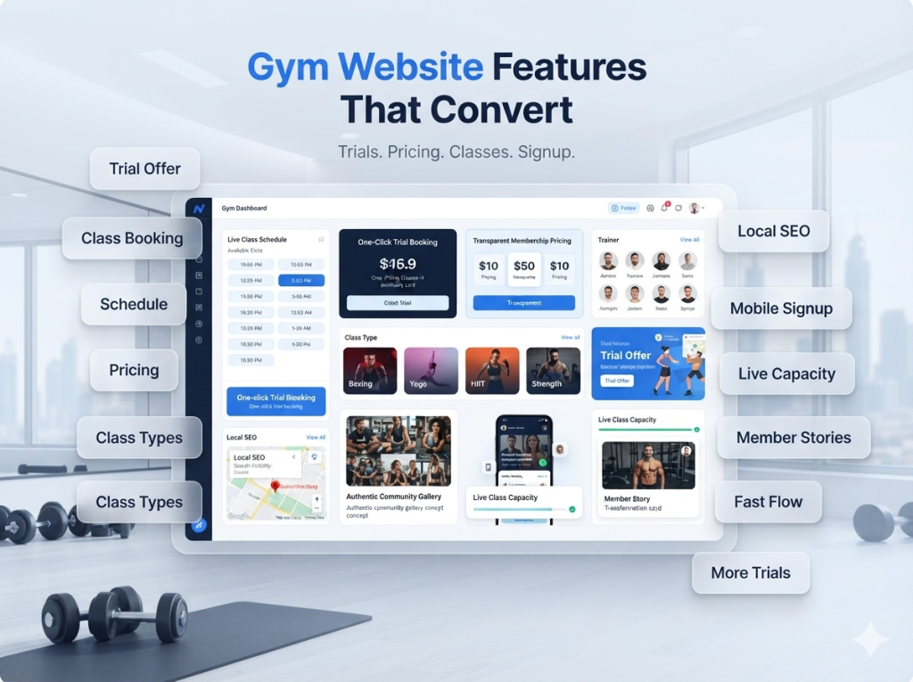 Gym website features in Dubai showing trial offer class booking schedule pricing trainer profiles mobile signup local SEO and live capacity