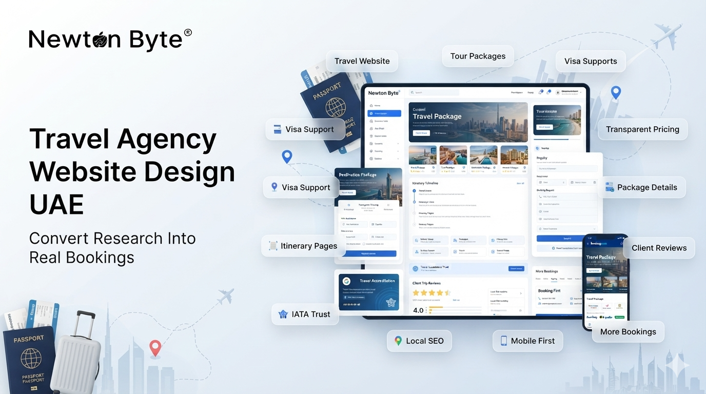 Travel agency website design in UAE showing tour packages visa support transparent pricing itinerary pages booking requests client reviews and local SEO