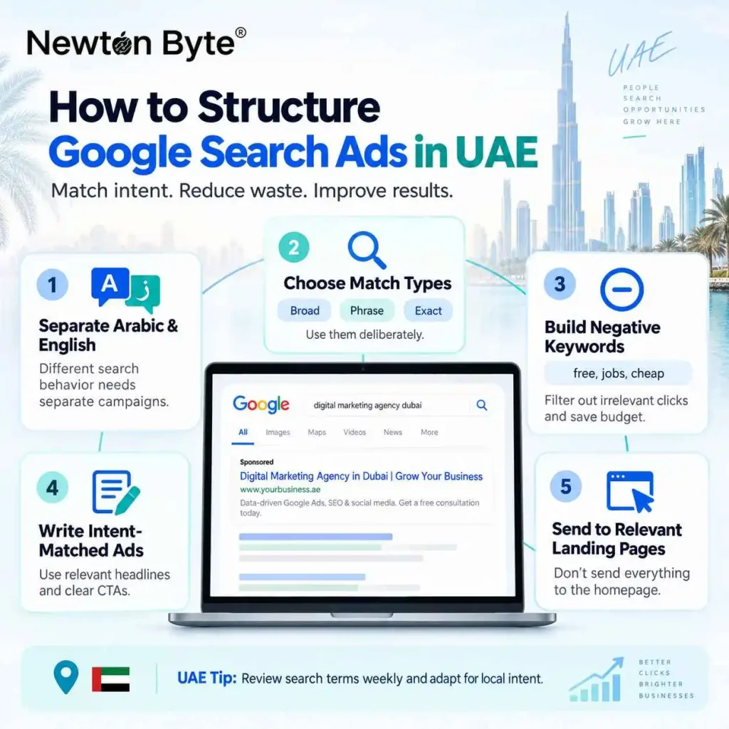 ow to structure Google Search Ads in the UAE using Arabic and English campaigns, match types, negative keywords, relevant ad copy and dedicated landing pages.