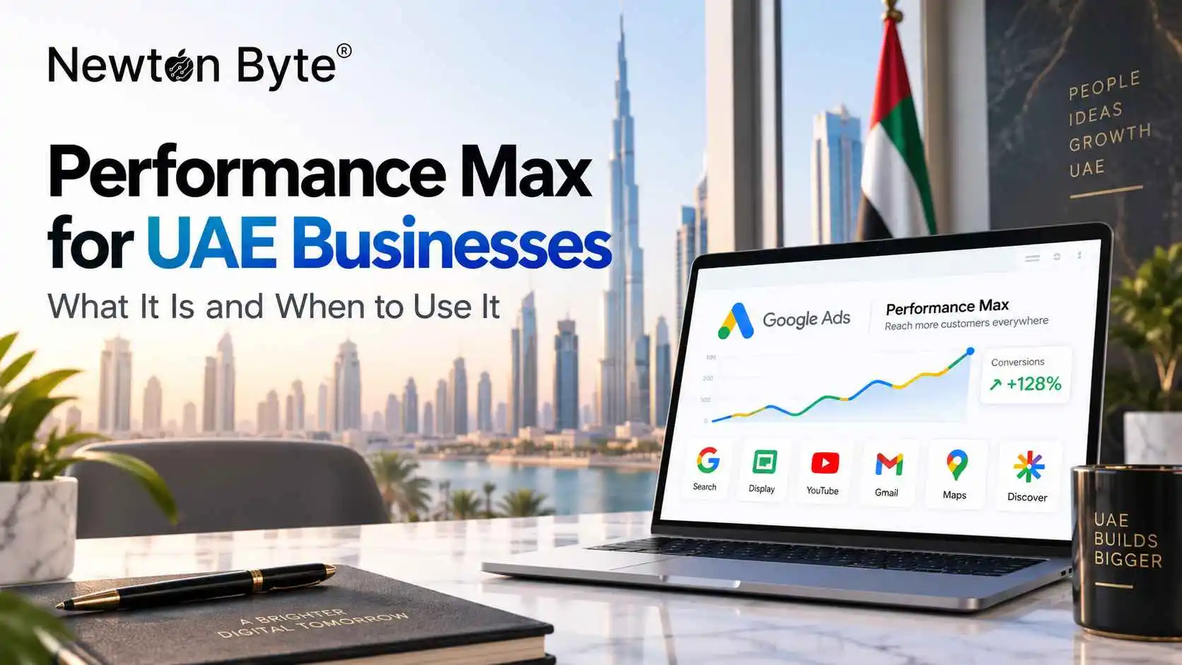 Performance Max for UAE businesses feature image showing Google Ads Performance Max campaign interface with Dubai skyline and UAE business growth theme.