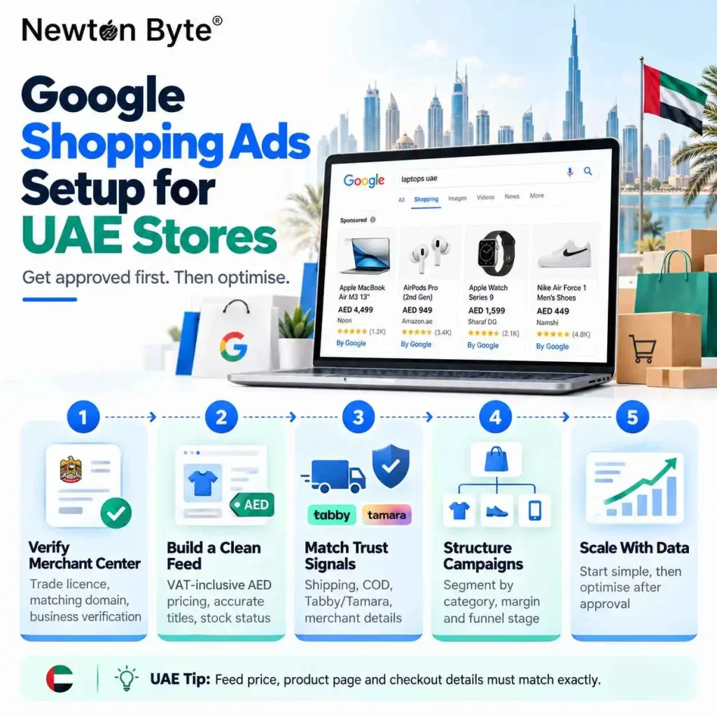 Google Shopping Ads setup process for UAE stores, including Merchant Center verification, product feed setup, trust signals, campaign structure and data-driven scaling.