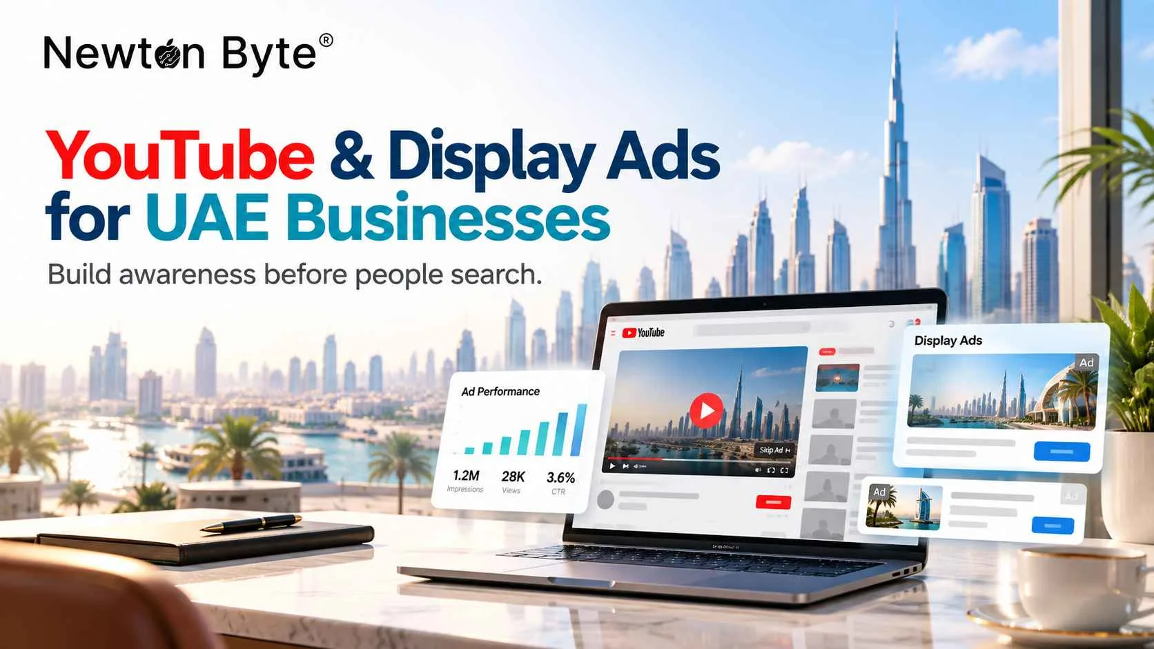 youTube and Display Ads for UAE businesses feature image showing Dubai skyline, YouTube video ad interface and display ad creatives for brand awareness campaigns.