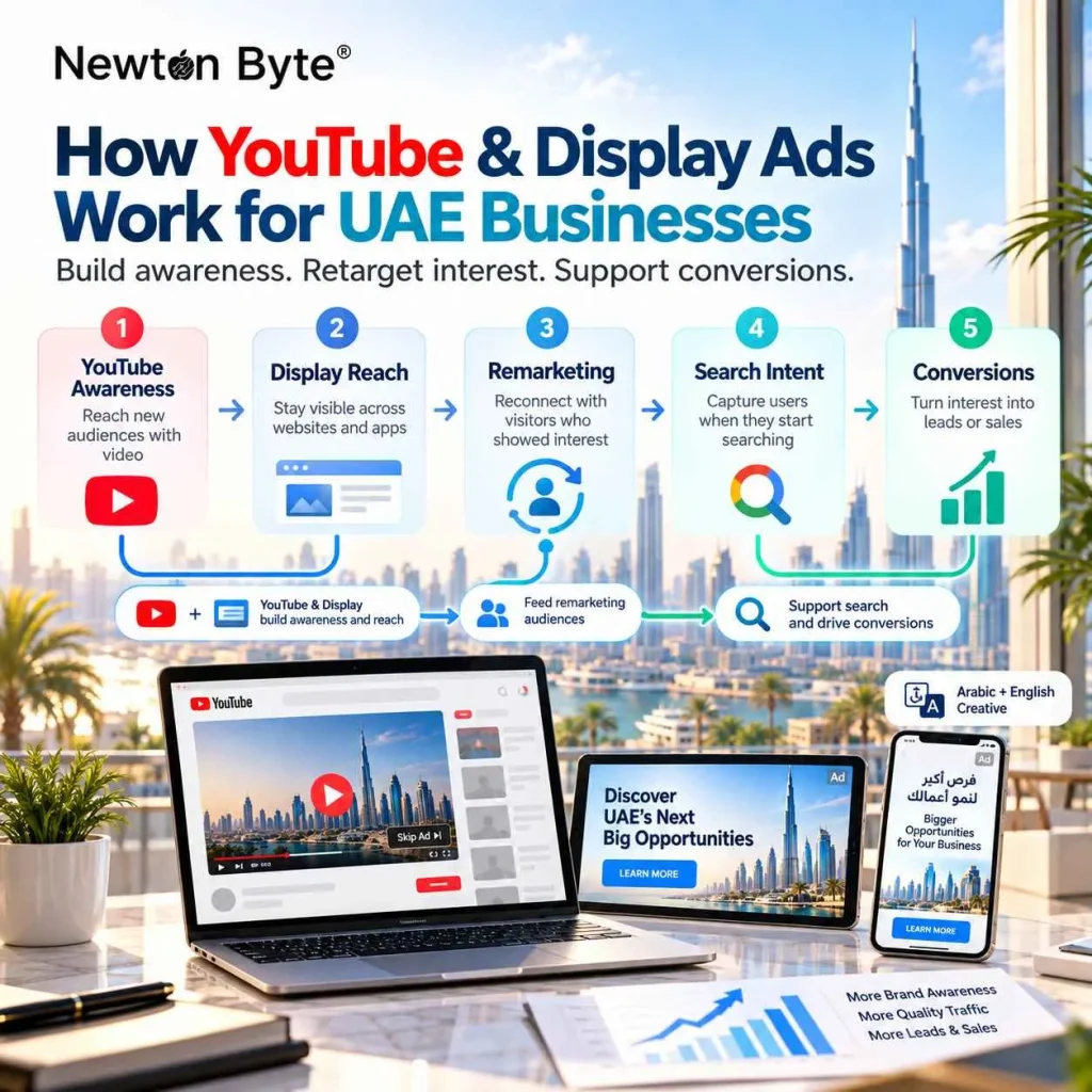 YouTube and Display Ads support UAE businesses through awareness, display reach, remarketing, search intent and conversions.