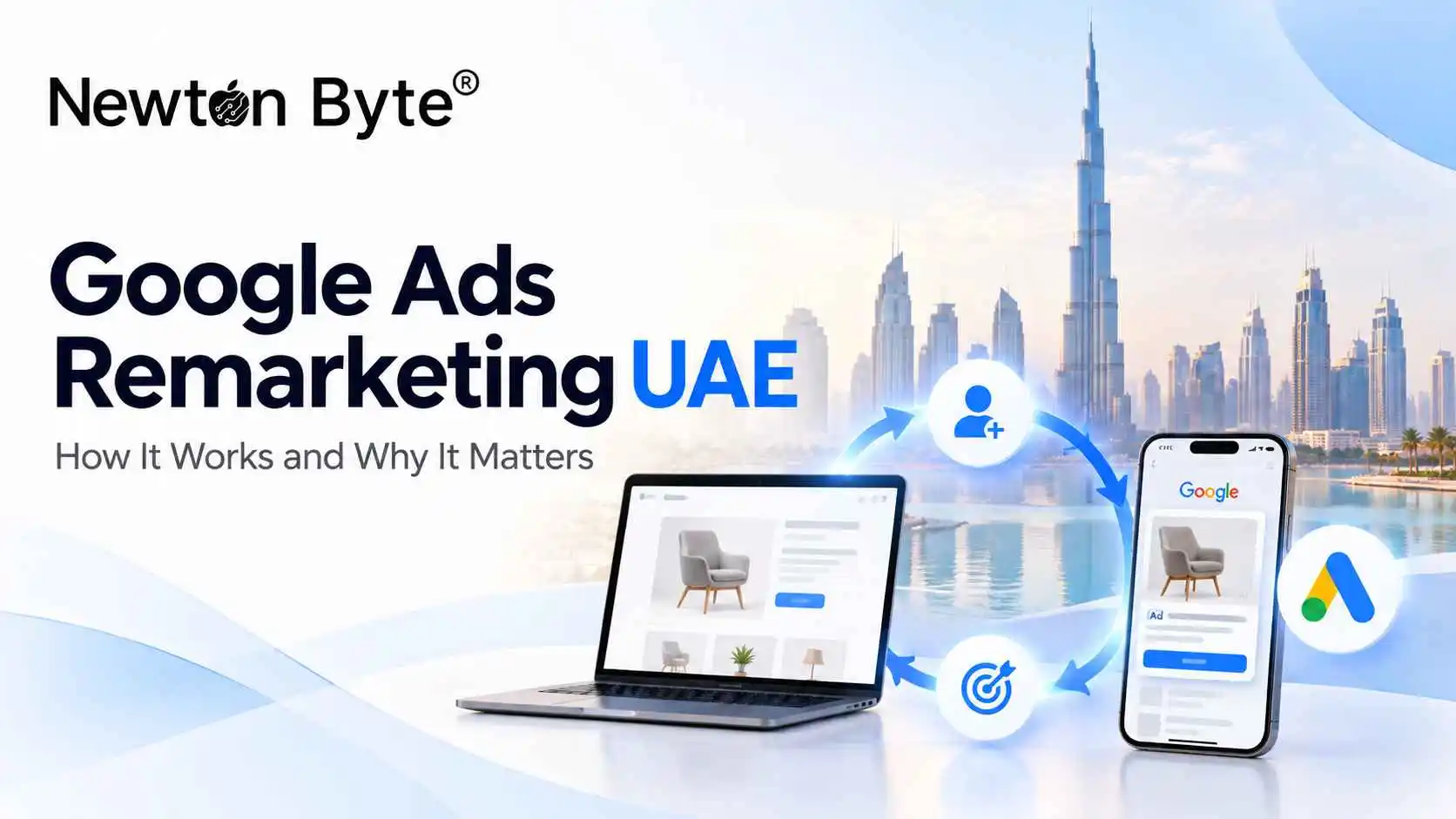 Google Ads Remarketing UAE feature image showing cross-device retargeting, returning visitors and Google Ads campaigns against a Dubai skyline.