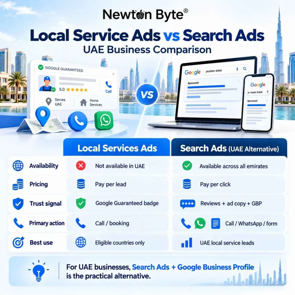 nfographic comparing Local Service Ads and Search Ads for UAE businesses, showing availability, pricing model, trust signals, primary actions and why Search Ads with Google Business Profile is the practical UAE alternative.