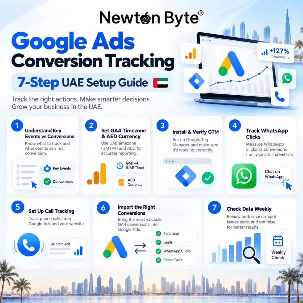 Infographic showing 7 steps to set up Google Ads conversion tracking for UAE businesses, including GA4 setup, GTM verification, WhatsApp tracking, call tracking, conversion imports and weekly checks.