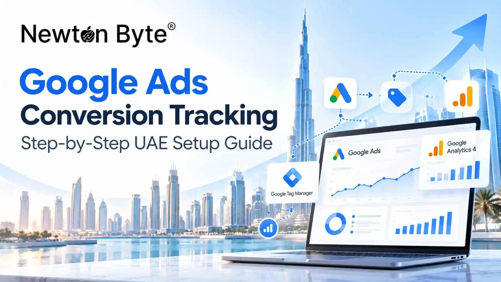 Google Ads conversion tracking feature image for UAE businesses showing Newton Byte branding, Dubai skyline, Google Ads, GA4 and Tag Manager setup visuals.