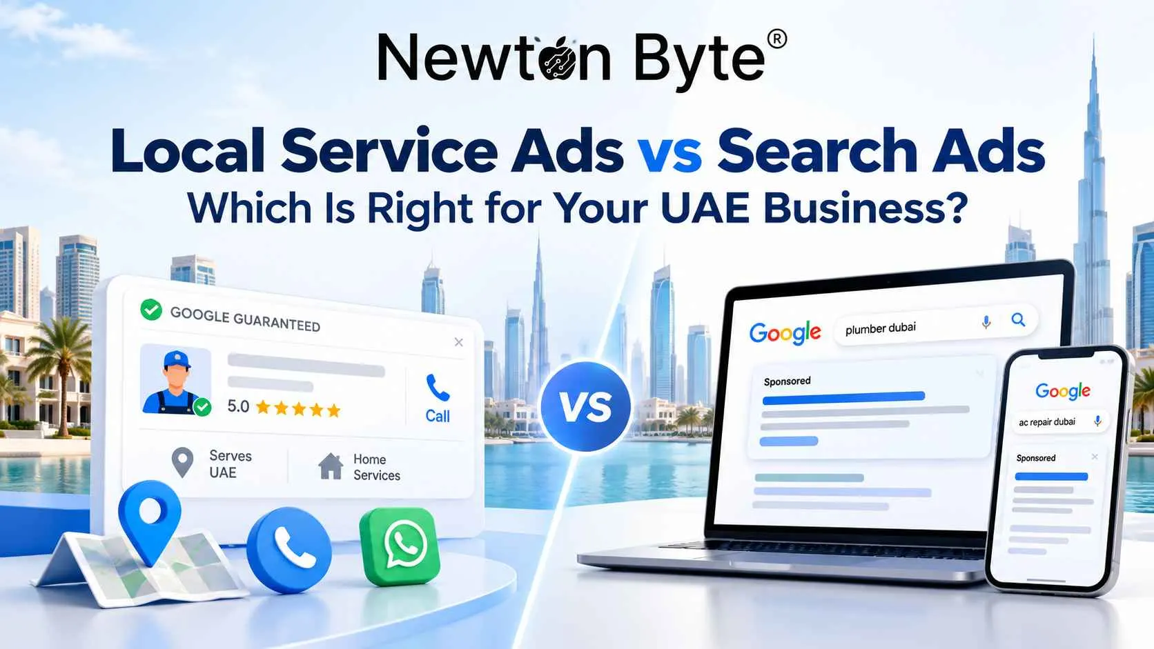 Local Service Ads and Search Ads for UAE businesses, with Newton Byte branding, Dubai skyline, Google Guaranteed panel and Google search ad visuals.